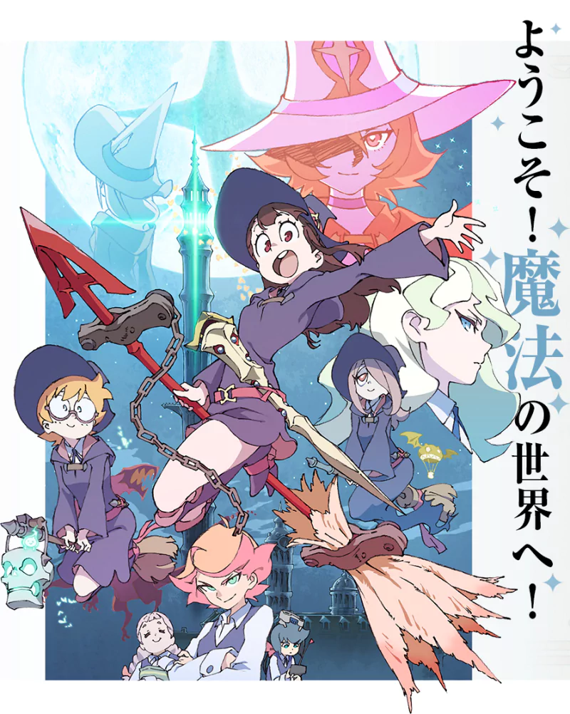 Atsuko Kagari leading fellow witches from the anime Little Witch Academia in a dynamic, colorful scene — broom, spells and a moonlit academy backdrop.