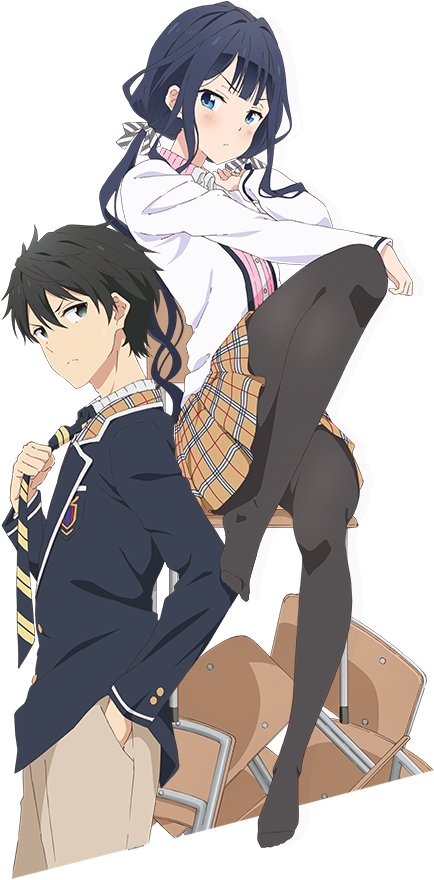 Two high school students from the anime Masamune-kun's Revenge pose confidently, one adjusting his tie and the other sitting on a chair with crossed legs.