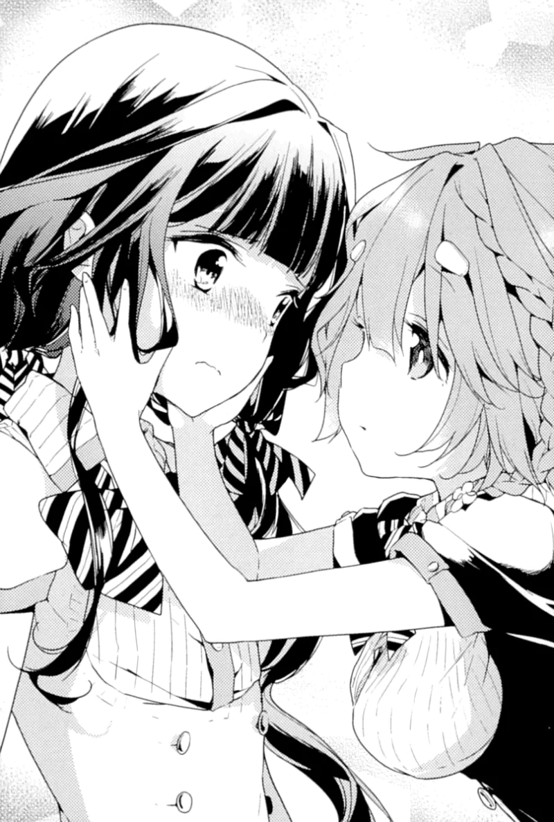 Black-and-white anime illustration from Masamune-kun's Revenge: one girl gently cups a blushing girl's face as they gaze closely at each other.