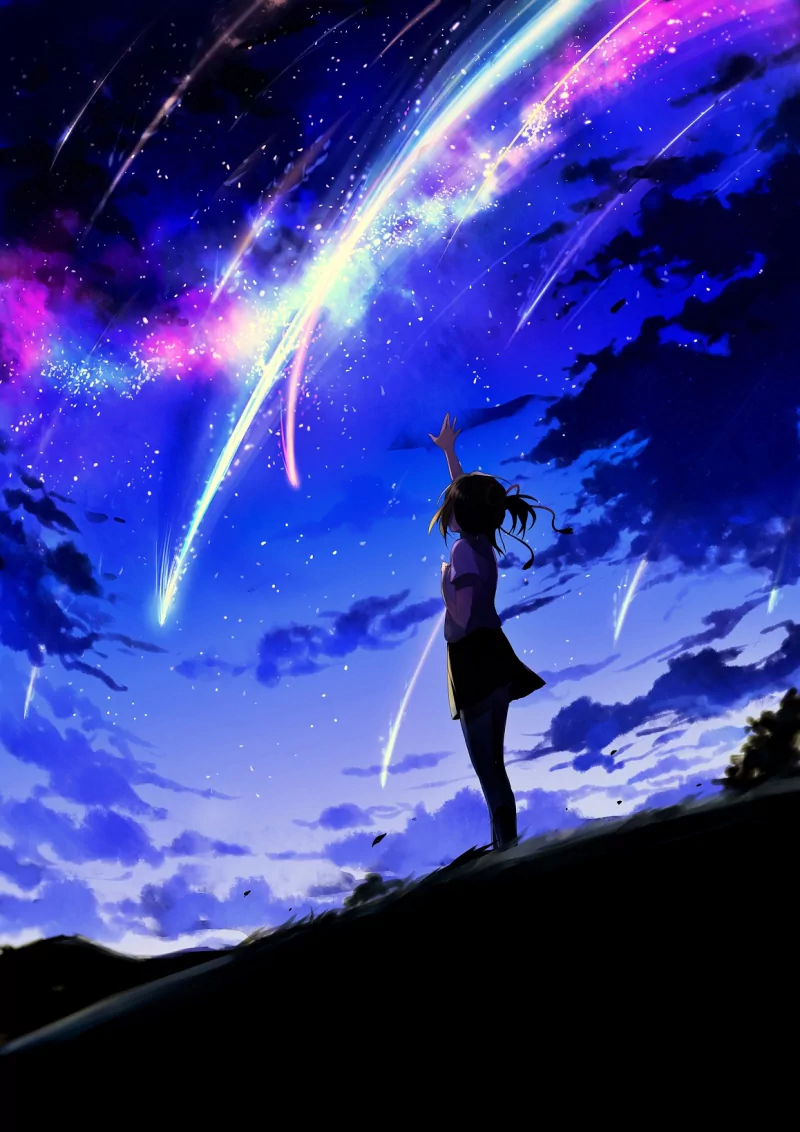 A girl stands atop a hill under a vibrant night sky, reaching out toward colorful shooting stars, inspired by the film *Your Name.* The scene captures a sense of wonder and longing.