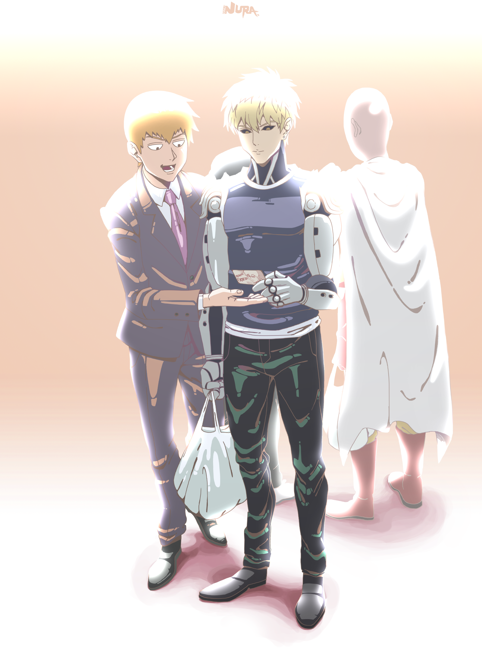 Arataka Reigen stands confidently with Genos from One-Punch Man, while a mysterious figure in a white cloak looms behind them. A vibrant crossover of One-Punch Man and Mob Psycho 100.