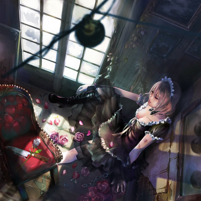 A fantasy-themed woman dressed in a detailed maid outfit lies on the floor near a window, surrounded by scattered rose petals and a red upholstered chair.