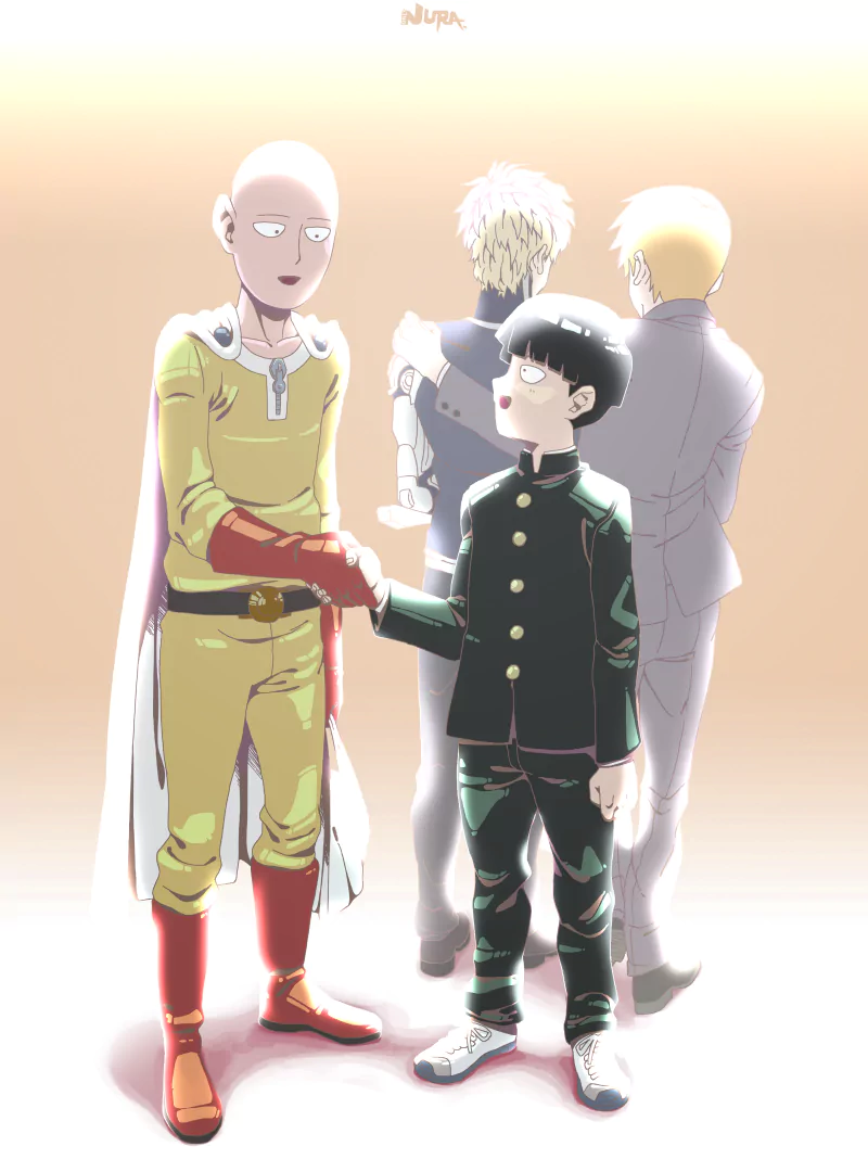 Saitama from One-Punch Man shakes hands with Shigeo Kageyama from Mob Psycho 100, while Genos and Arataka Reigen stand in the background in this anime crossover artwork.