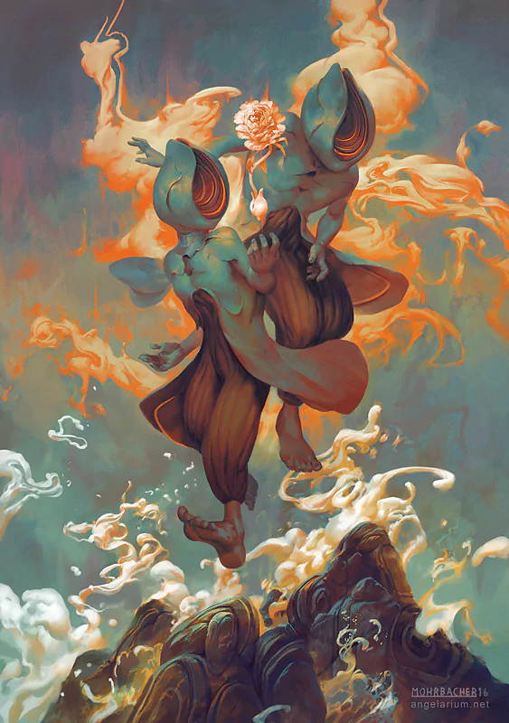 Digital art of two floating fantasy creatures in petal-like robes sharing a glowing flower amid swirling clouds above jagged rocks.
