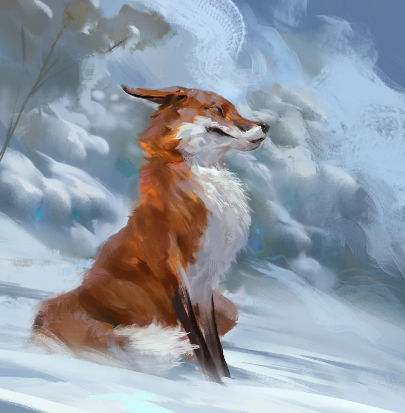 A wild fox sits calmly in a snowy winter landscape, surrounded by soft snow and frosty trees.