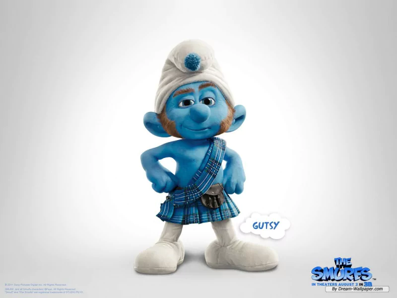 Gutsy, the blue Smurf from the movie The Smurfs, stands hands on hips wearing a white hat and shoes and a blue tartan kilt; a small speech bubble reads GUTSY.