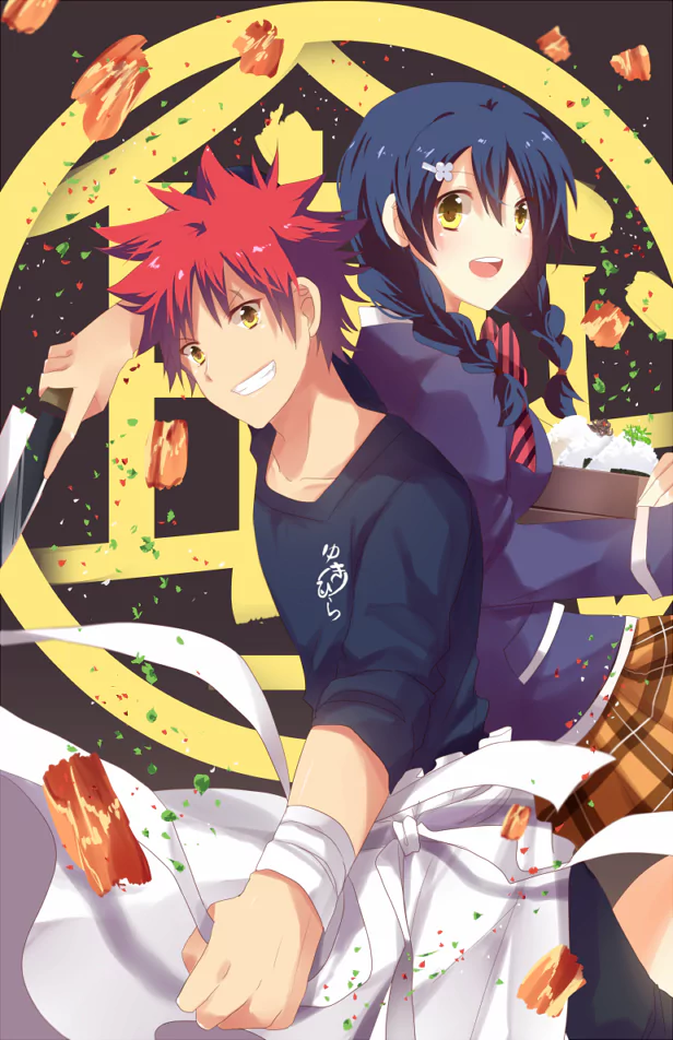Anime image from Food Wars: Shokugeki no Soma — red-haired Soma and blue-haired Megumi back-to-back, smiling as ingredients fly around a large yellow emblem.