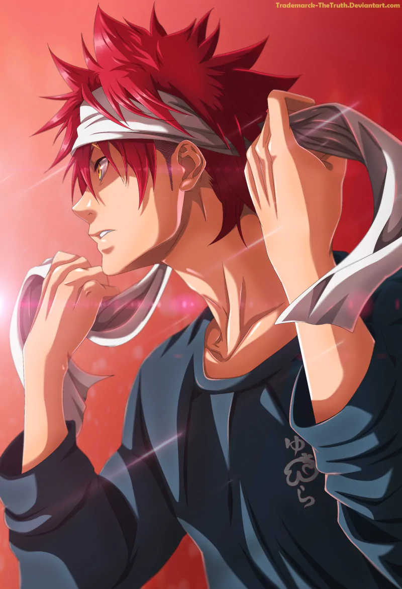 Anime-style portrait of Soma Yukihira from Food Wars: Shokugeki no Soma tying his white headband, red hair and determined gaze against a warm red background.