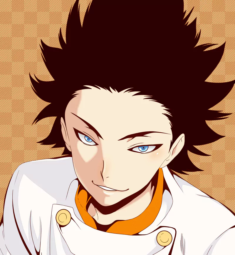 Anime portrait from Food Wars: Shokugeki no Soma — grinning young chef with spiky black hair, piercing blue eyes, and a white chef coat.
