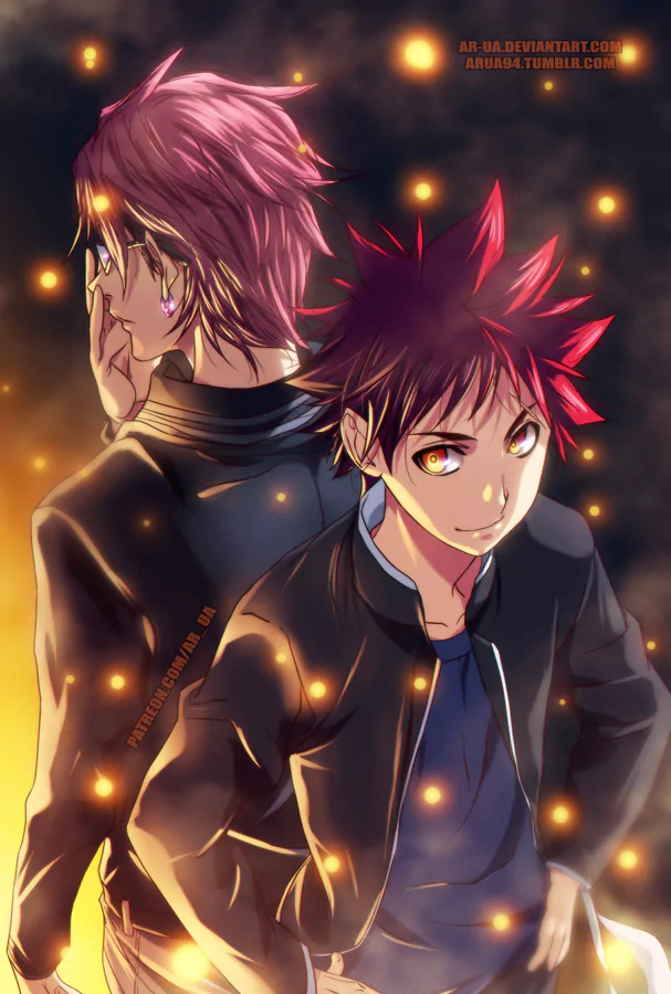 Anime-style artwork featuring two characters from Food Wars: Shokugeki no Soma, one with spiky red hair and the other with pink hair, surrounded by glowing embers.