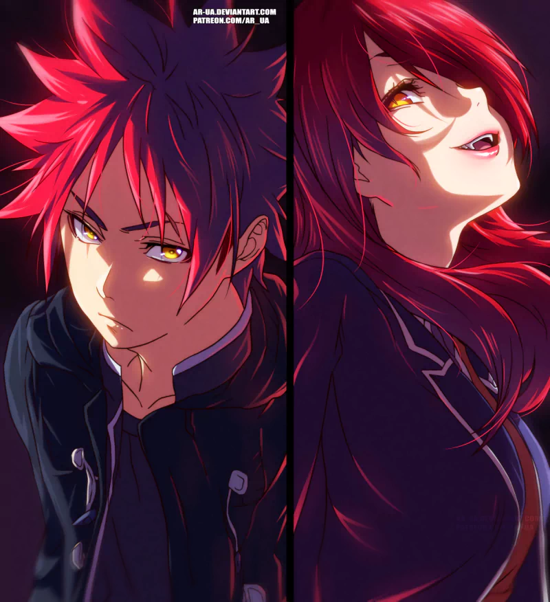 Split-panel anime portrait from Food Wars: Shokugeki no Soma — two red-haired characters with golden eyes, fierce expressions and dramatic lighting.
