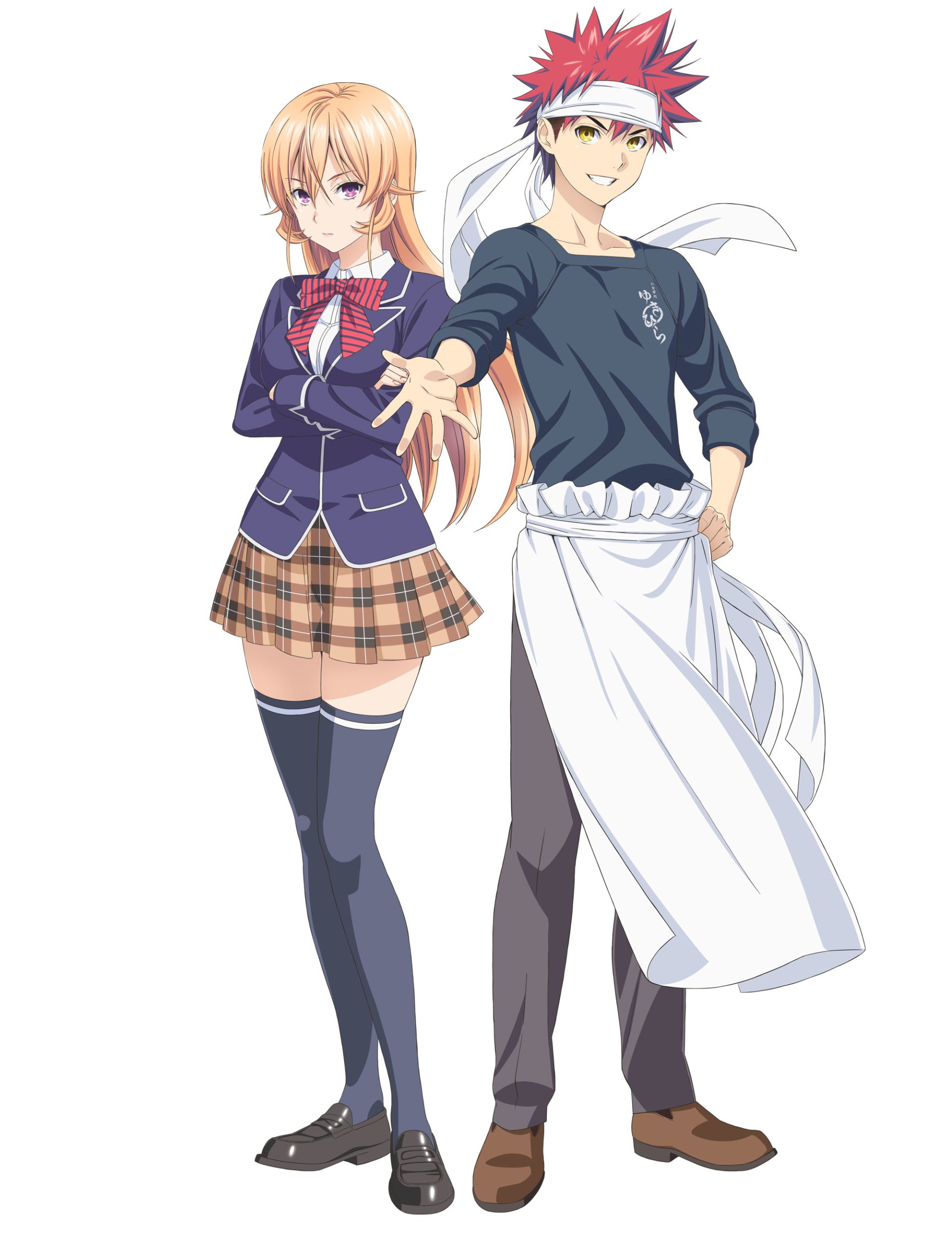 Two characters from *Food Wars: Shokugeki no Soma* stand side by side: a girl in a school uniform and a boy in an apron, confidently showcasing their culinary passion.