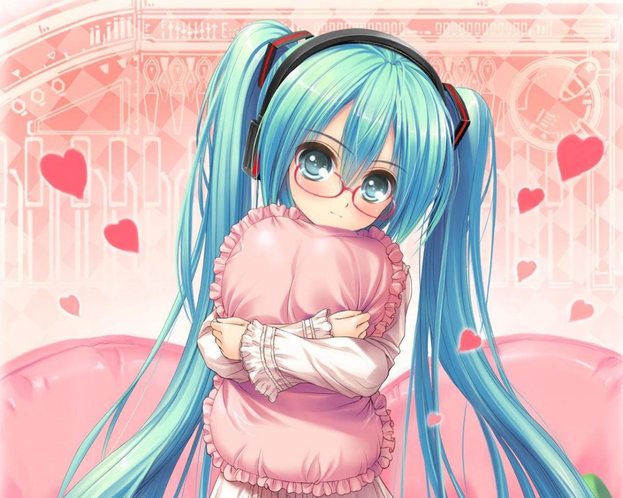Vocaloid anime character with long teal twin-tails and glasses hugging a pink cushion, surrounded by hearts and a soft pastel decorative background.