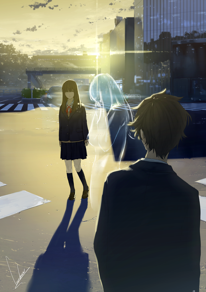 An anime couple stands in a cityscape at sunset, with the girl in a school uniform and a translucent figure creating a poignant atmosphere.