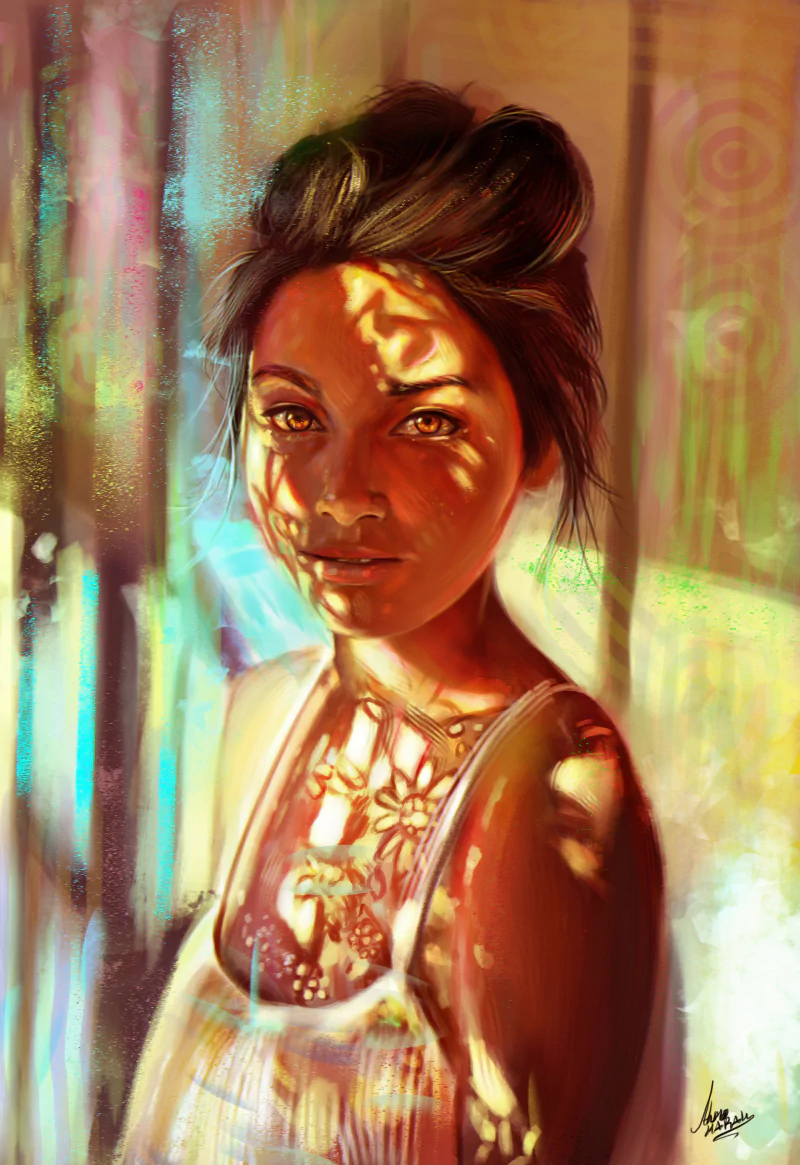 Artistic portrait of a beautiful woman with intricate shadows cast across her face and upper body, creating a striking and expressive visual effect.