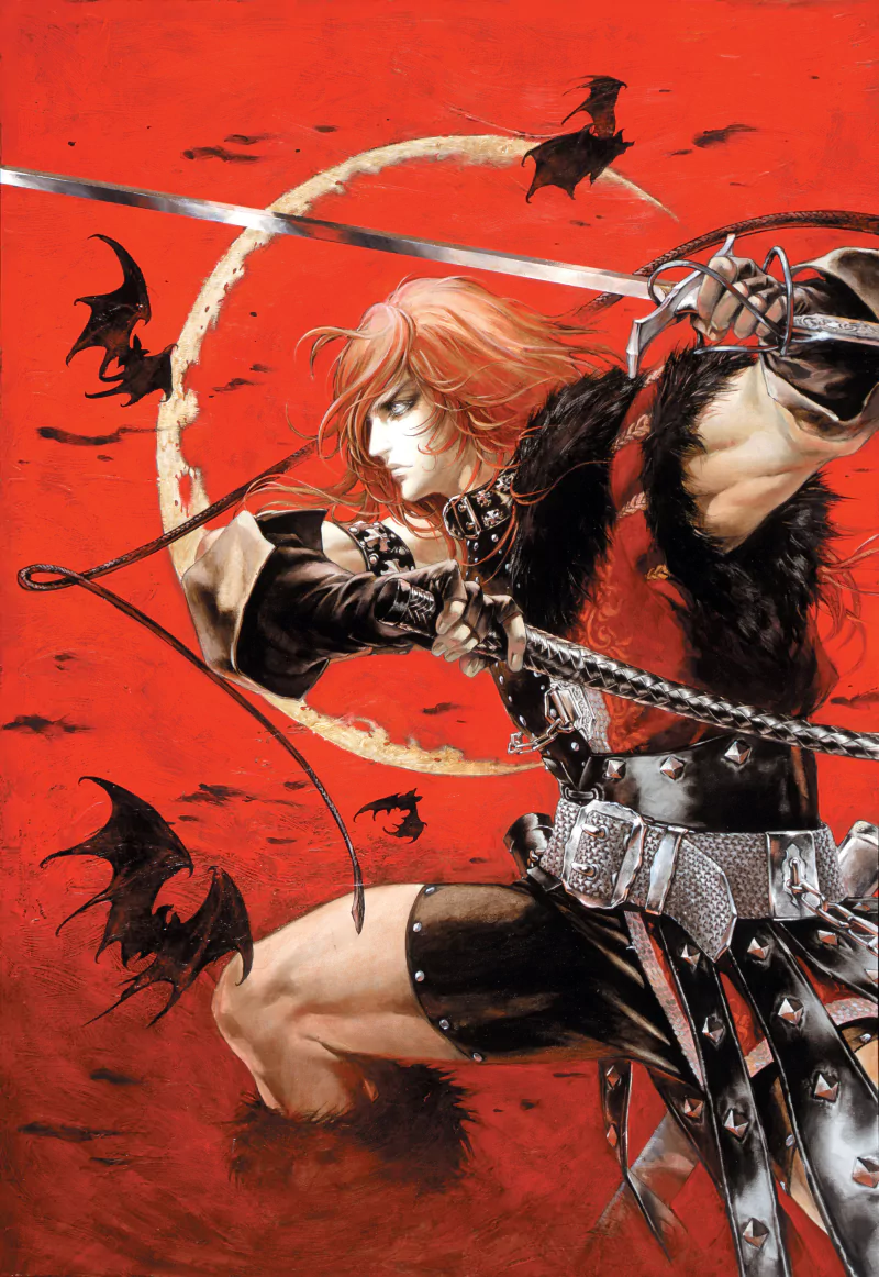 Simon Belmont, video game hero from Castlevania, lunges with whip and sword before a blood-red moon as bats circle.