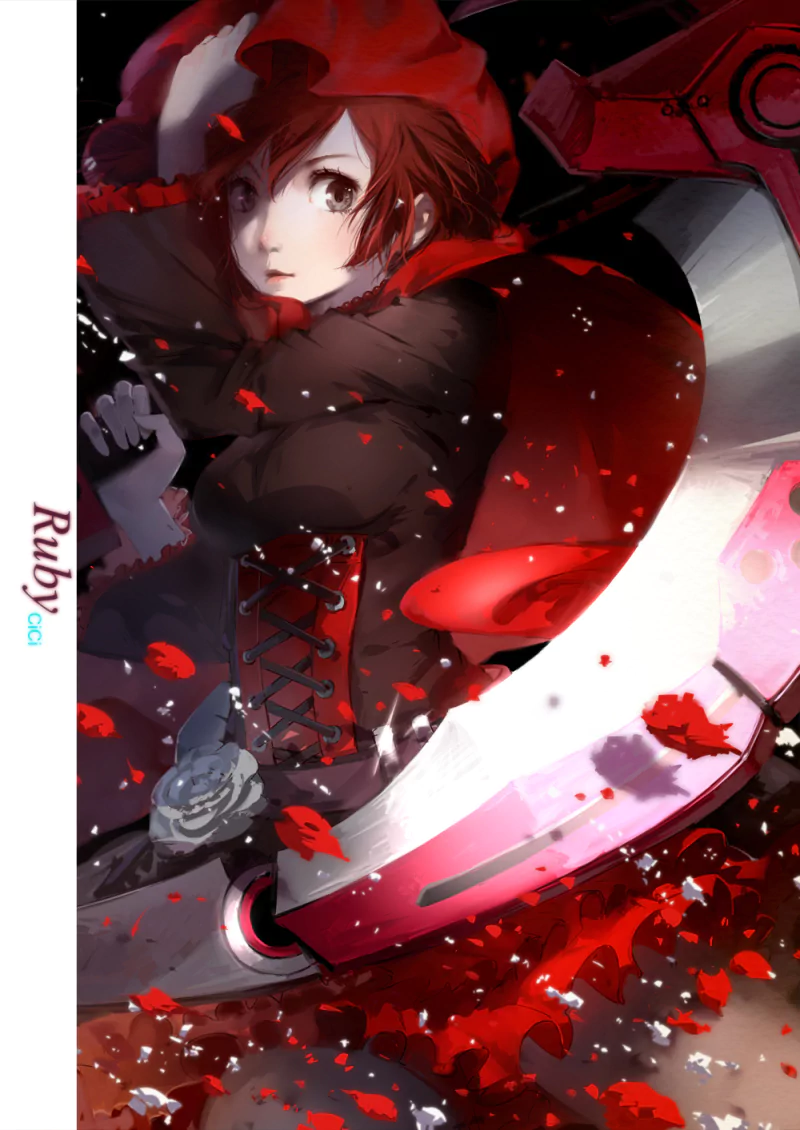 Ruby Rose from the anime RWBY stands confidently, wielding her weapon amidst swirling petals, exuding strength and determination in a dynamic, colorful scene.
