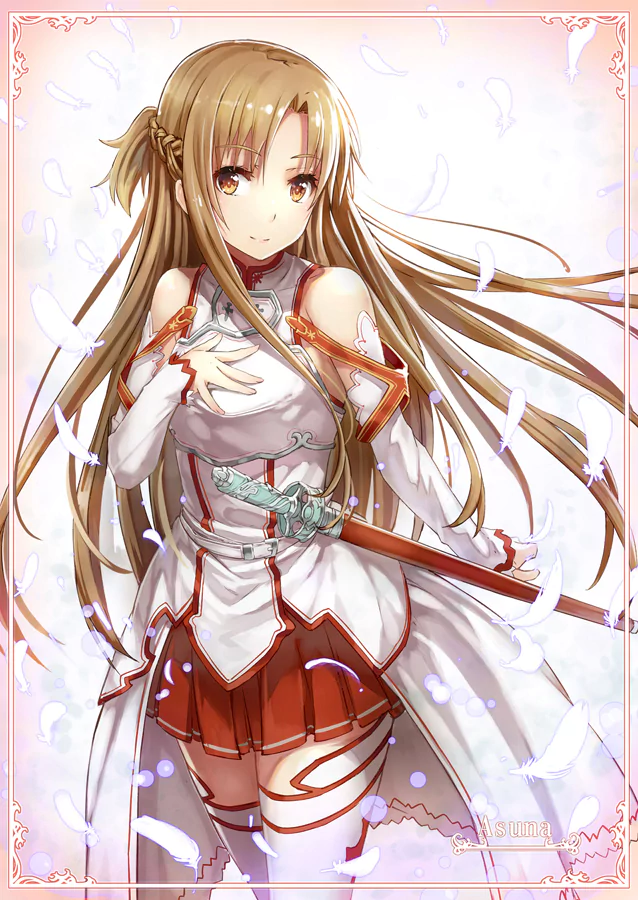 A beautifully illustrated Asuna Yuuki from the anime Sword Art Online, wearing her signature outfit, holding a sword, surrounded by floating petals against a soft background.