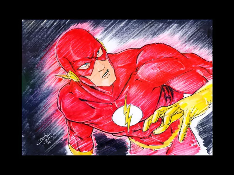 Comic-style illustration of Barry Allen as the Flash, shown in his iconic red suit with yellow lightning accents, poised for action against a dynamic dark background.