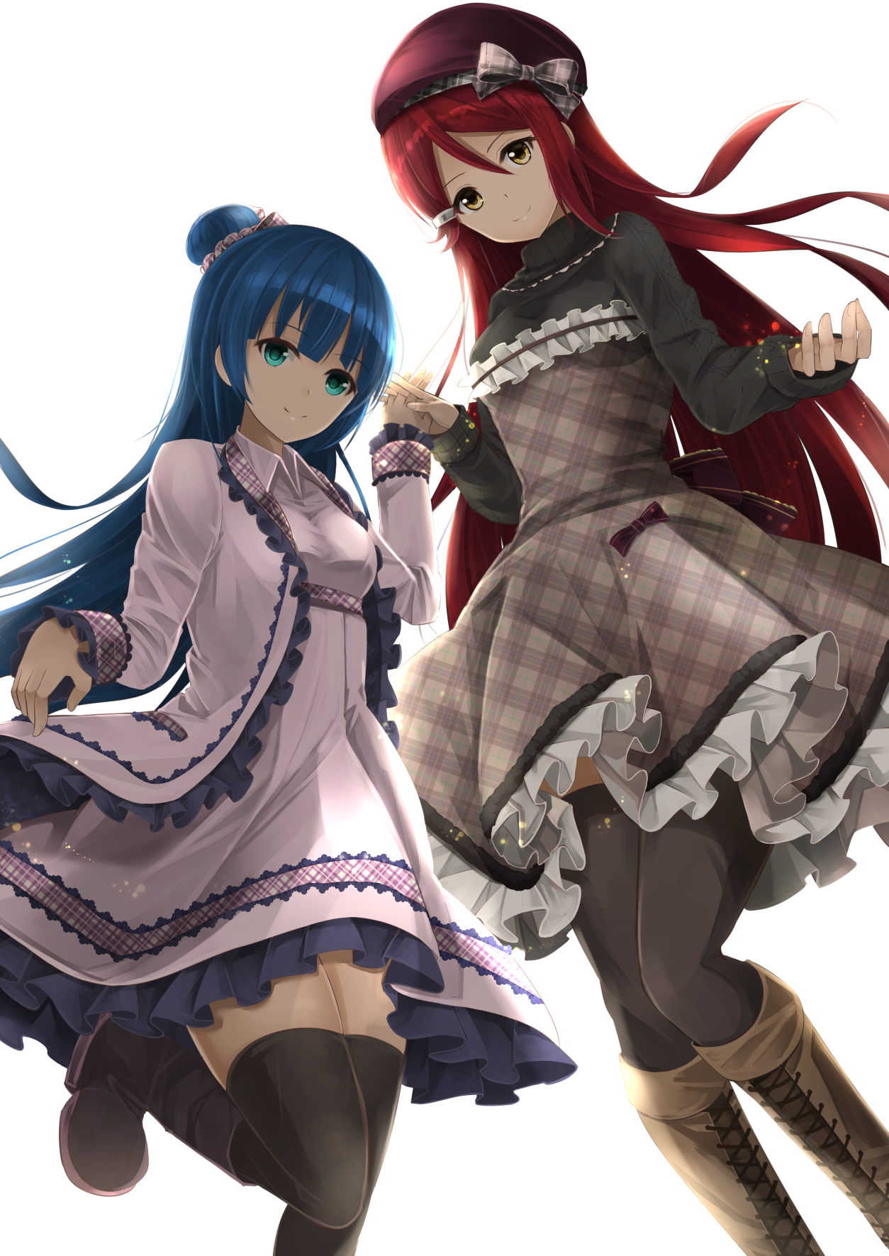 Yoshiko Tsushima and Riko Sakurauchi, characters from Love Live! Sunshine!!, are depicted in stylish outfits, showcasing their vibrant personalities and dynamic friendship.