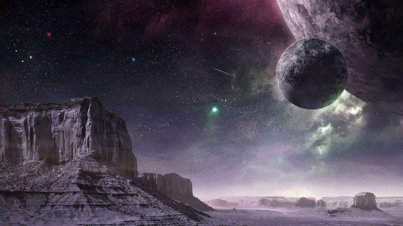 Fantasy sci-fi landscape on an alien planet: icy mesas and plateaus beneath a nebula-lit sky with two looming moons.