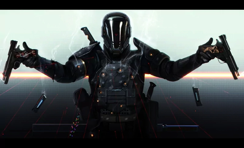 A sci-fi soldier in sleek armor stands confidently, wielding two guns in a dynamic pose. This image is inspired by the comic Last Man Standing: Killbook of a Bounty Hunter.