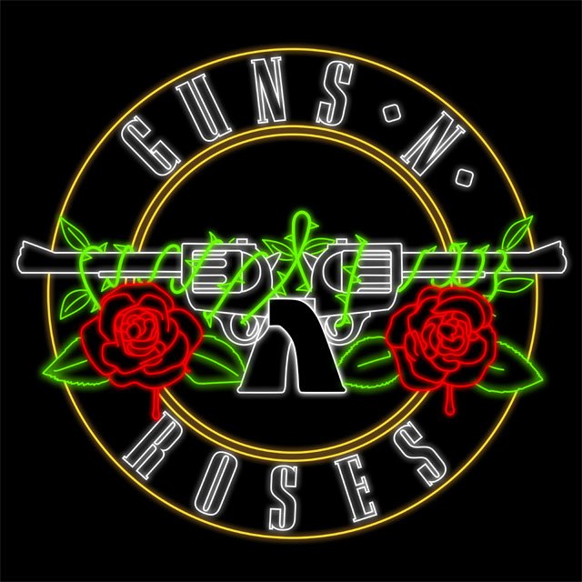 Neon-style illustration of the Guns N' Roses logo featuring crossed revolvers and red roses intertwined with green leaves.