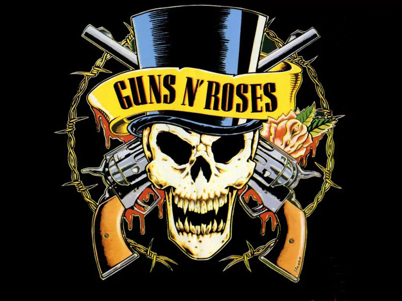Guns N' Roses logo: grinning skull in a top hat with crossed pistols, roses and barbed wire — glam metal and heavy metal music icon.