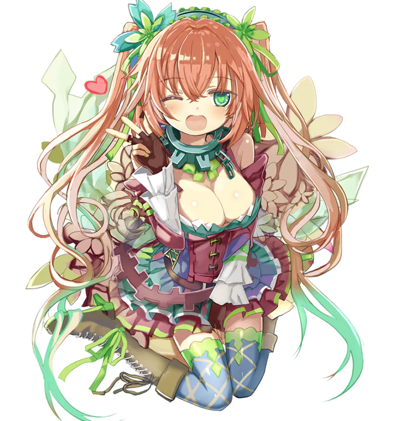 Anime Clockwork Planet character: winking orange-haired girl with green ribbons, gear-adorned frilly clockwork dress, patterned stockings, kneeling and blowing a heart.