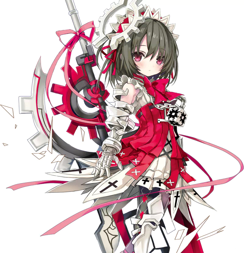 Anime Clockwork Planet character: a pink-eyed girl in a red-and-white clockwork maid outfit, wielding a large gear-and-clock armament with ribbons and mechanical details.