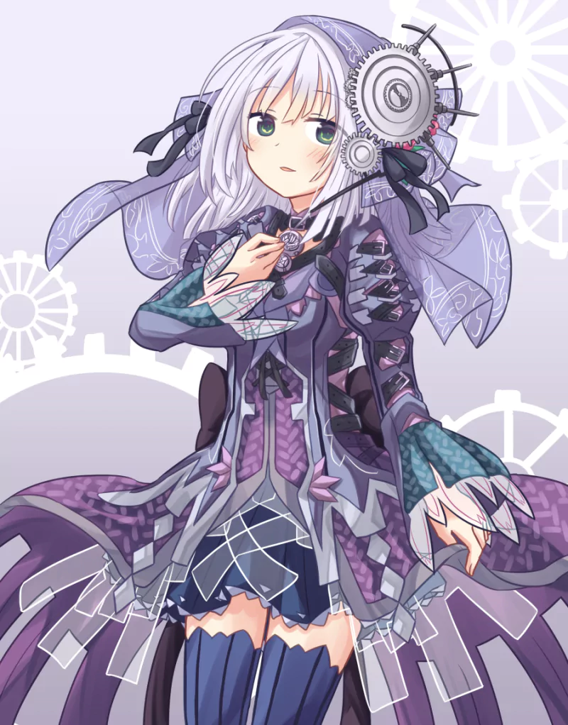 Anime Clockwork Planet character — silver-haired girl with teal eyes in a layered purple clockwork dress, exposed gears, a cog headpiece and mechanical arm details against a gear-patterned backdrop.