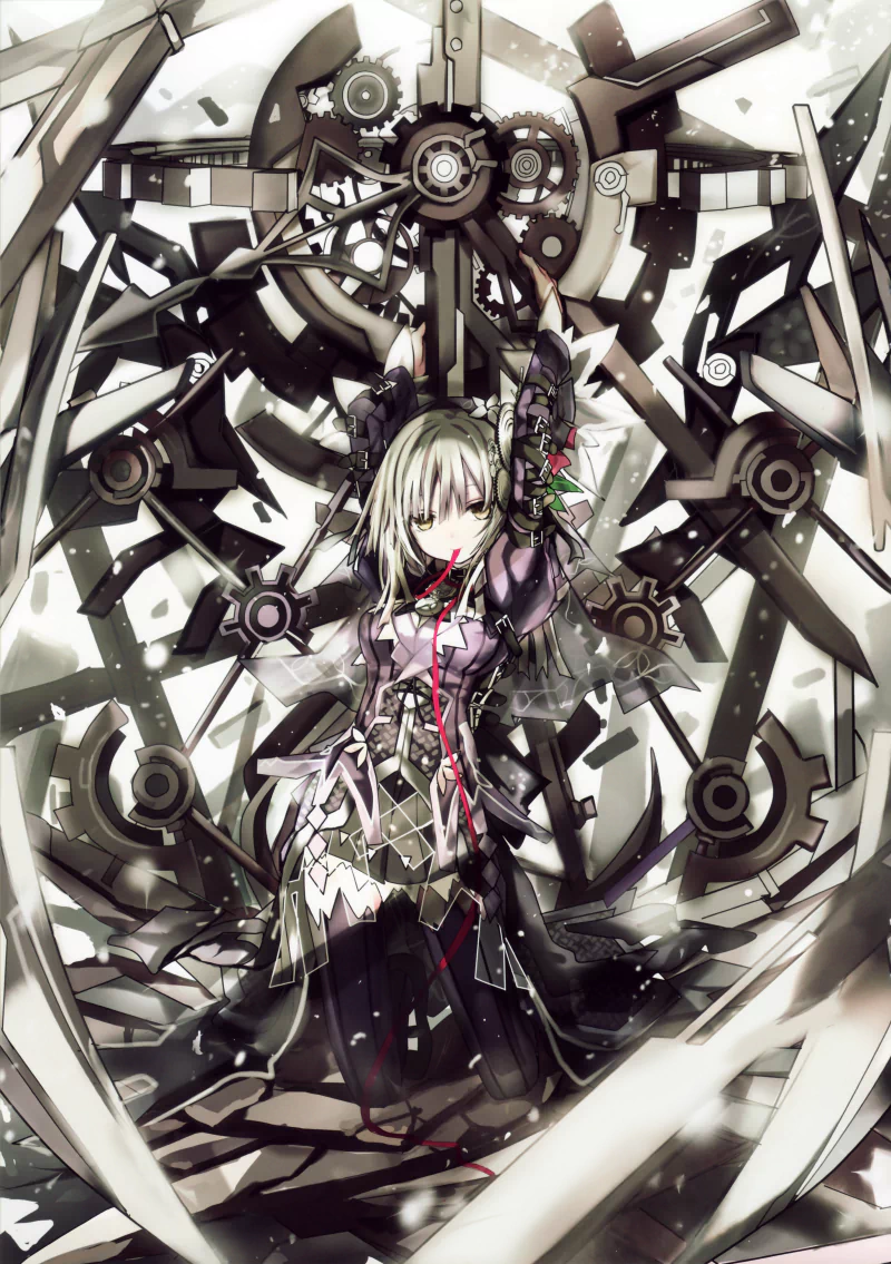 Anime-style artwork from Clockwork Planet features a character with intricate mechanical wings and gears set against a complex, gear-filled background.