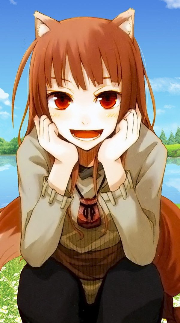 Anime image of Holo (Spice & Wolf) with animal (wolf) ears, long brown hair and red eyes, smiling and leaning forward by a lakeside.
