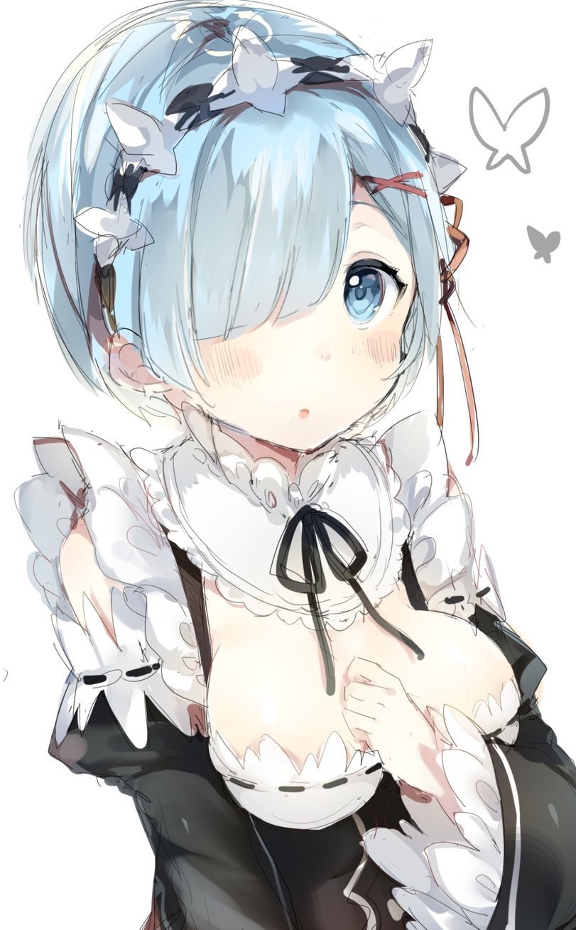 Anime-style illustration of Rem from Re:Zero - Starting Life in Another World, featuring her signature blue hair, maid outfit, and shy expression.