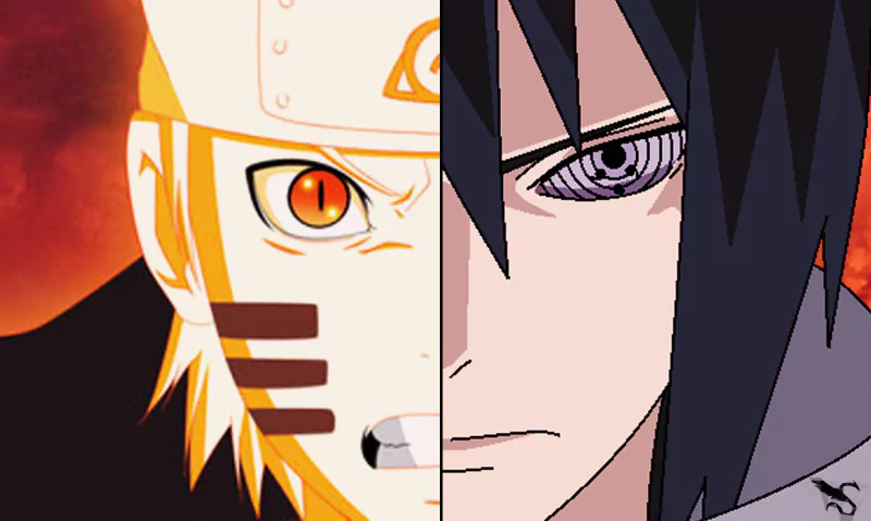 An intense split image featuring Kyūbi from Naruto on one side and Sasuke Uchiha on the other, showcasing their fierce expressions against a dramatic background.