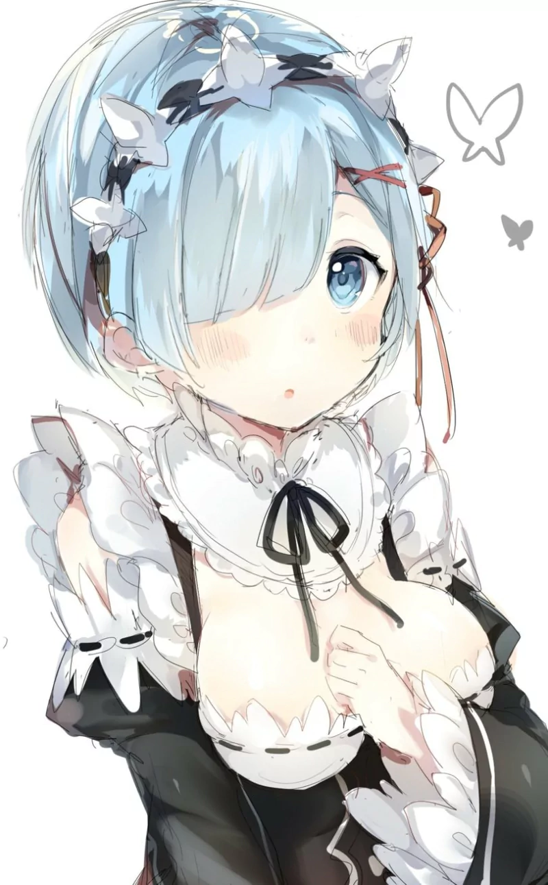 Anime-style illustration of Rem from Re:Zero - Starting Life in Another World, featuring her signature blue hair, maid outfit, and shy expression.