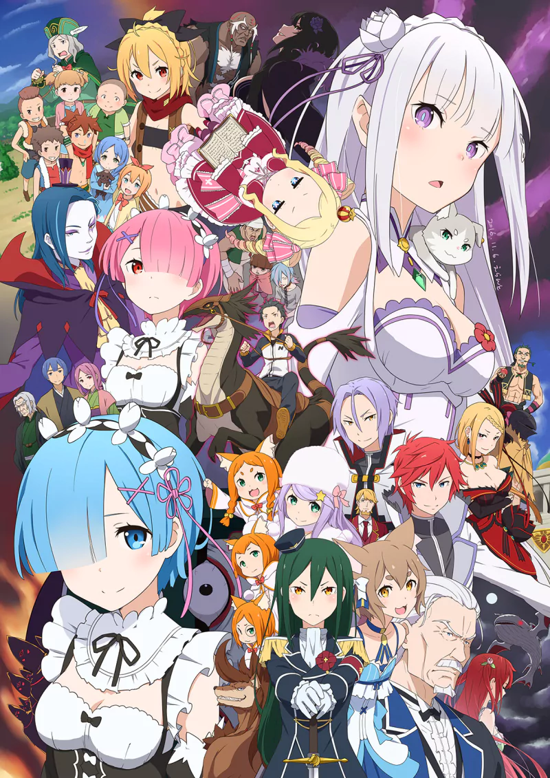 A vibrant collage of characters from the anime Re:Zero - Starting Life in Another World, featuring key figures like Emilia, Rem, and Subaru amid various settings and supporting characters.