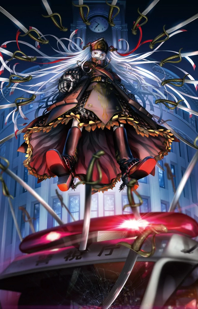Anime Re:Creators: white-haired armored heroine in red-gold dress hovers above a smashed police car, ribbons and clock hands swirling around her.