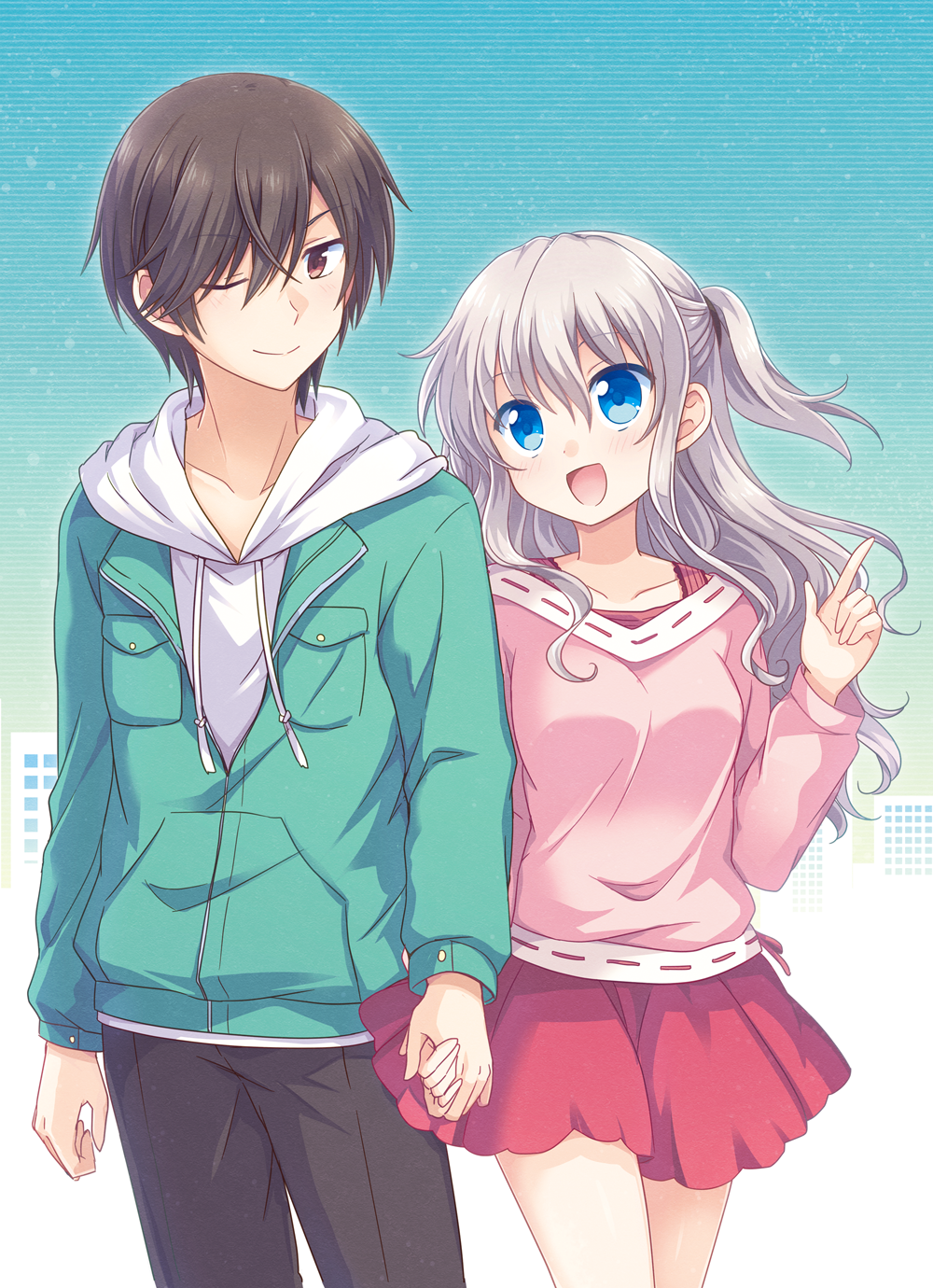 Anime-style illustration from Charlotte featuring a boy with dark hair and a green hoodie holding hands with a cheerful girl with silver hair and a pink outfit against a city backdrop.