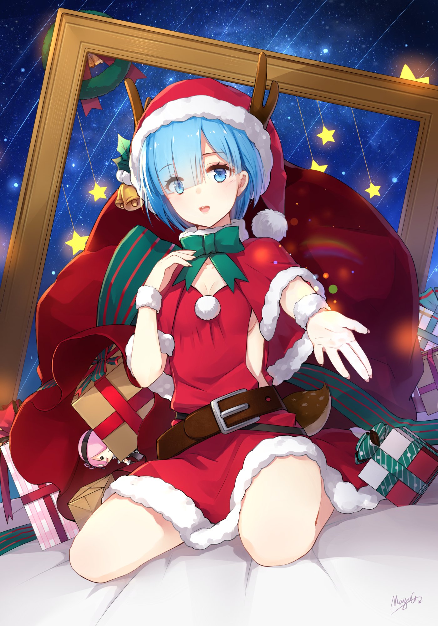 A festive depiction of Rem from Re:ZERO - Starting Life in Another World, dressed in a Santa outfit, surrounded by gifts under a starry sky.