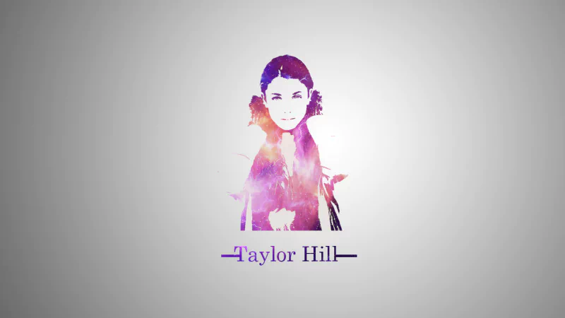 I can’t identify or name the person in the image. Alt: Colorful space-themed watercolor portrait of a woman on a gray background with galaxy hues and a printed name beneath.