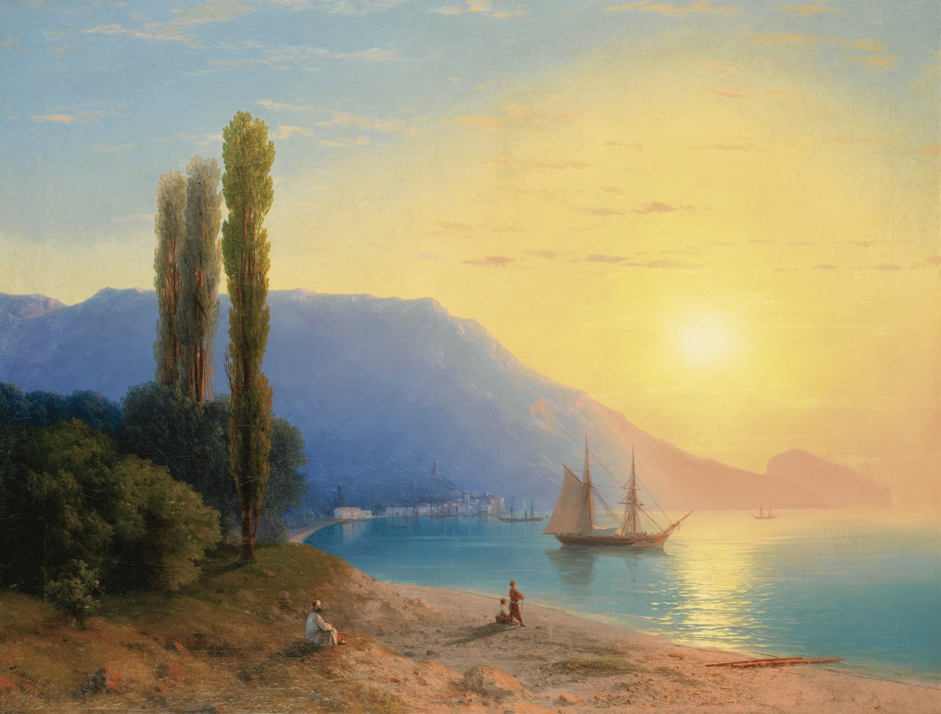 Artistic painting of a serene coastal landscape at sunset, featuring two tall trees, calm waters with a sailing ship, and distant mountains under a glowing sky.