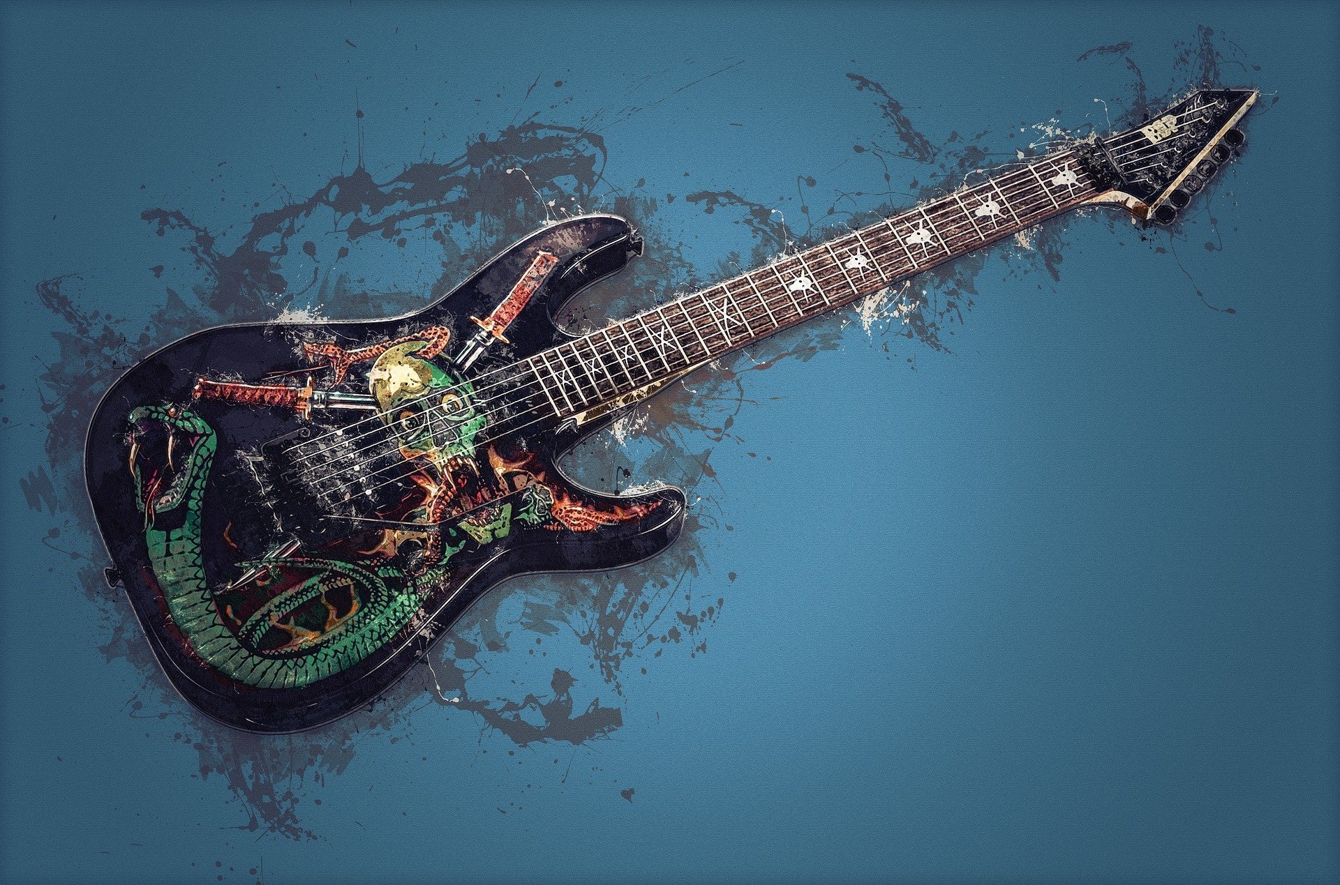 A striking electric guitar with a colorful design, resting against a textured blue background, showcases the instrument's artistic flair and musical potential.