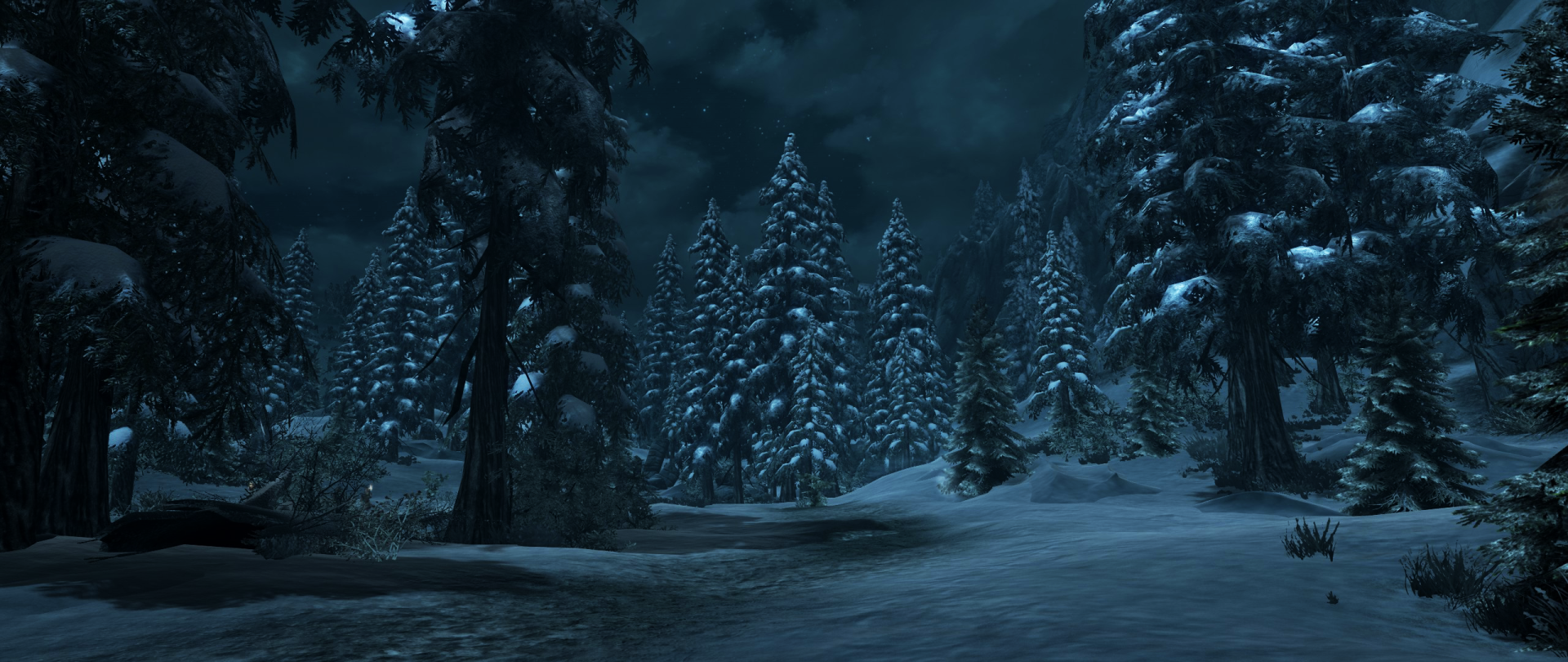 A serene winter night scene in a snowy forest, illuminated by moonlight, inspired by The Elder Scrolls V: Skyrim. Dark clouds hover above the tranquil landscape.