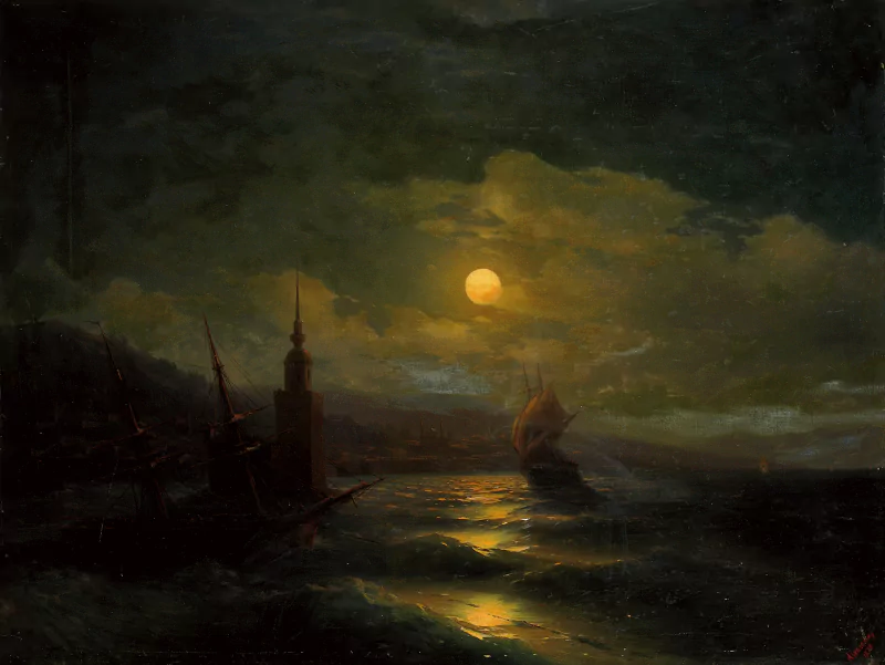 Artistic painting of a moonlit seascape: silhouetted ships and a church spire near a dark shoreline, moonlight glinting on choppy waters beneath brooding clouds.