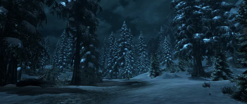 A serene winter night scene in a snowy forest, illuminated by moonlight, inspired by The Elder Scrolls V: Skyrim. Dark clouds hover above the tranquil landscape.