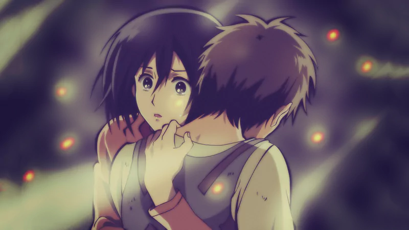 Eren Yeager and Mikasa Ackerman from Attack on Titan share a close, emotional hug surrounded by a soft, glowing atmosphere.