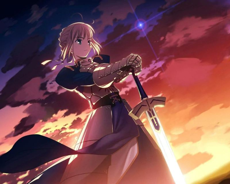 Saber from Fate/Stay Night stands resolute at sunset, gripping her sword with determination amid dramatic anime-style clouds and glowing skies.