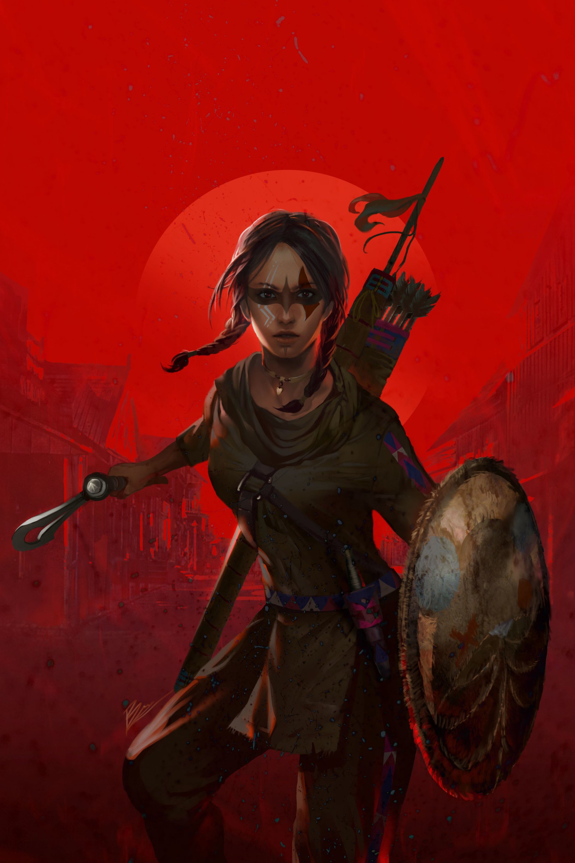 A fierce Native American woman warrior stands ready for battle, wielding a shield and an axe, with braided hair and a determined expression against a dramatic red backdrop.