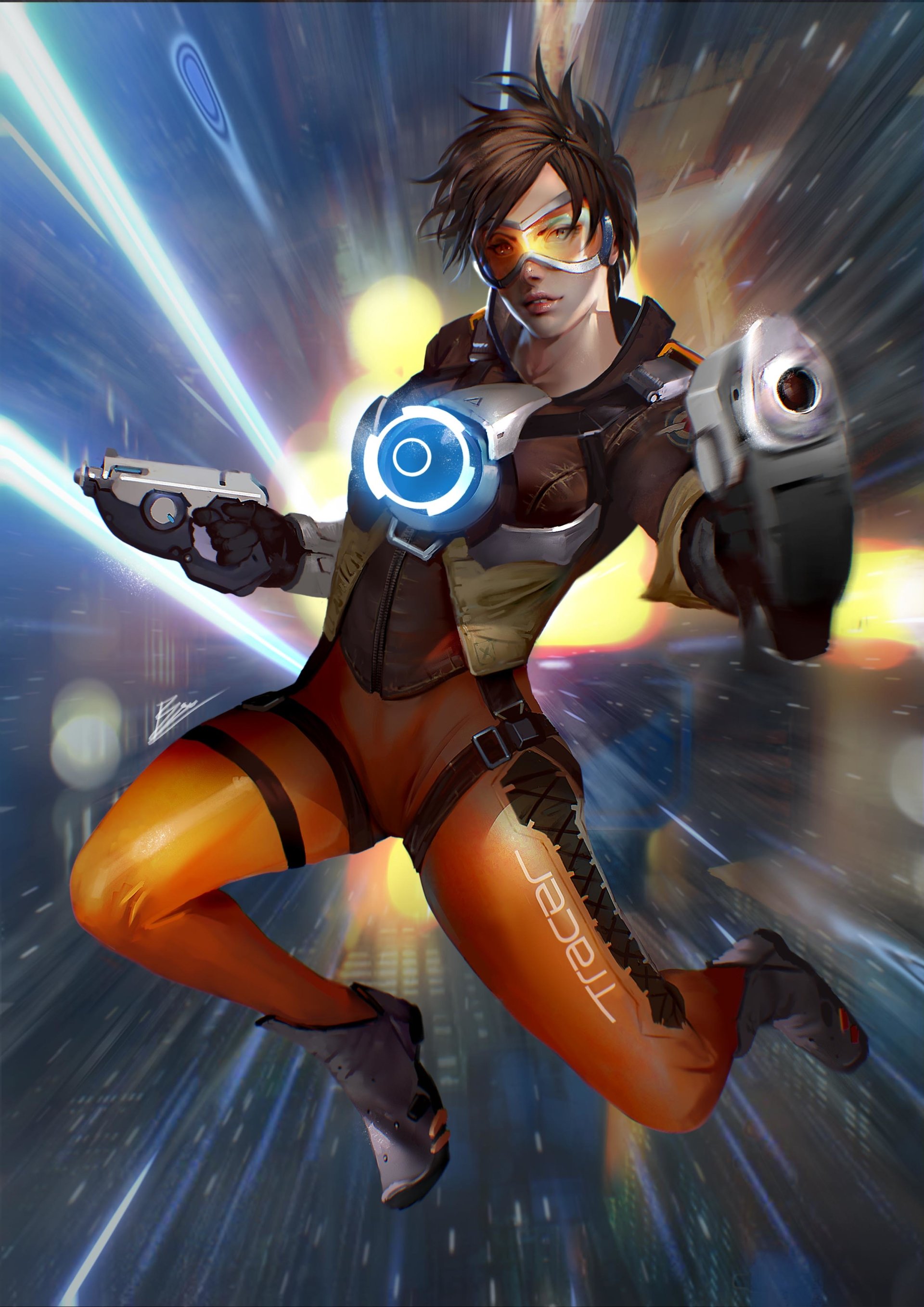 Tracer, a woman warrior from the video game Overwatch, is depicted in dynamic action wearing goggles and wielding dual guns.